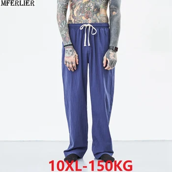 

summer men vintage pants linen cotton plus big size loose 7XL 8XL 9XL 10XL chinese japan style pants Elastic waist blue black 56