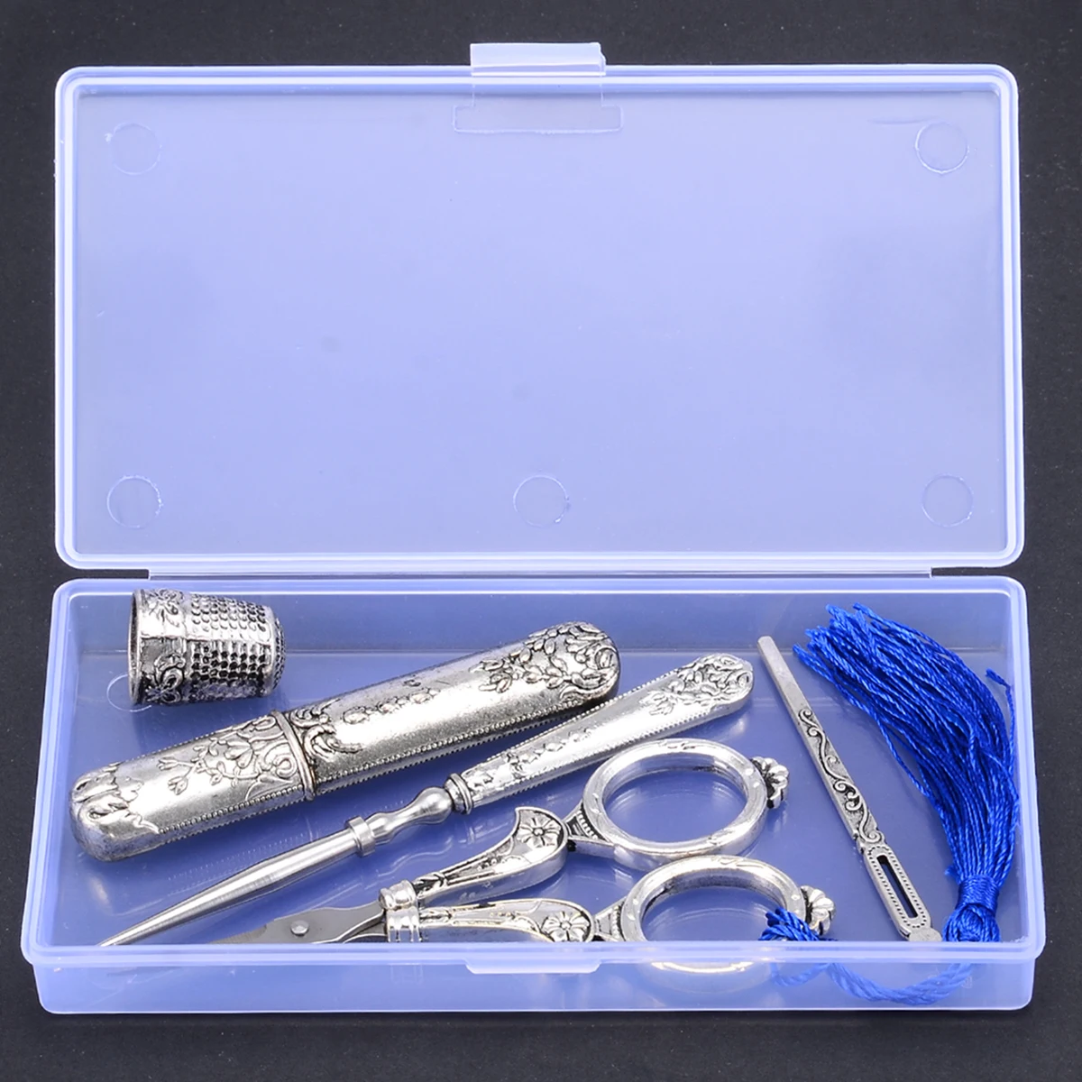 1 Set 5PCS DIY Sewing Tailor Vintage Silver Embroidery Sewing Scissors Thimble Awl Threader Needle Case Retro Antique