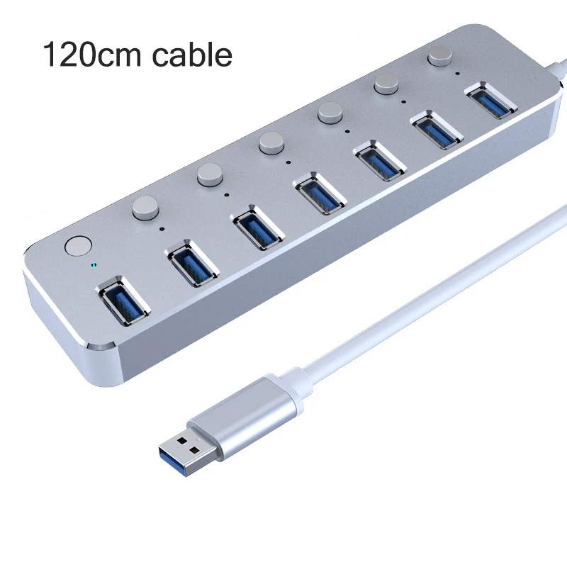 Алюминий 7-портовый концентратор USB 3,0 60/120 см составной детали спирального кабели управления переключатель 5 Гбит/с, светодиодный индикатор концентратор платные сплиттер для Мульти USB устройств - Цвет: Silver 120cm