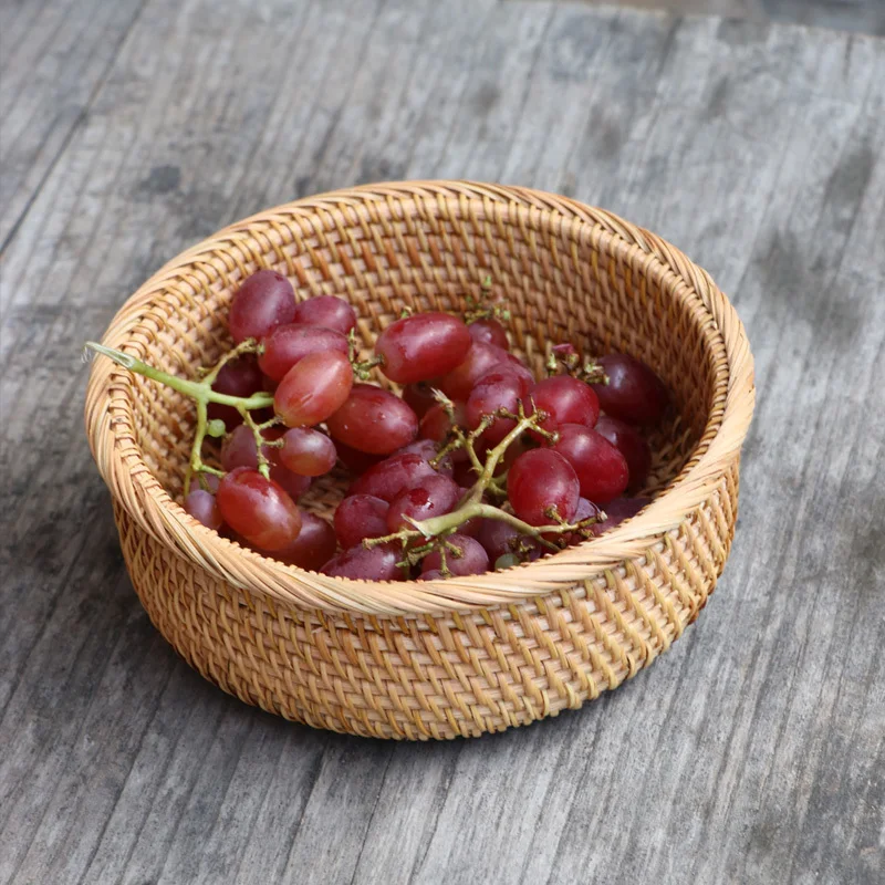 

Round Storage Wicker Basket Food Kitchen Case Drain Small Picnic Plant Fiber Rattan For Fruit Weaving Straw Sundries Container