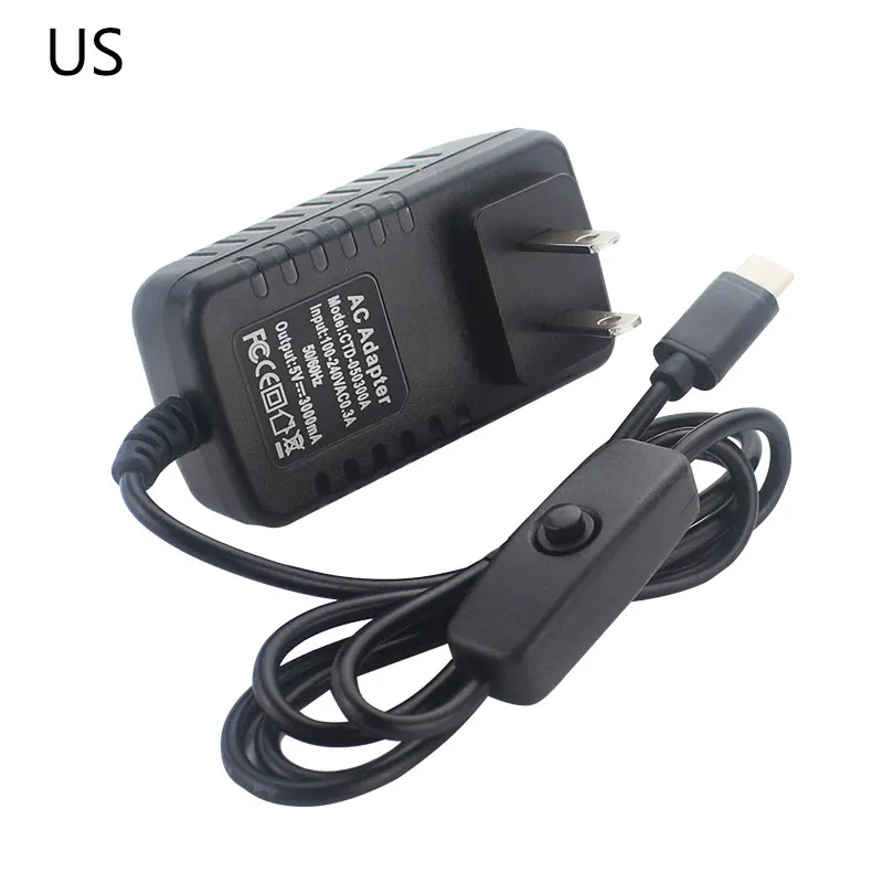 Universal USB Type C Power Adapter with ON/OFF Switch - 5V 3A, Multi-Plug Compatibility