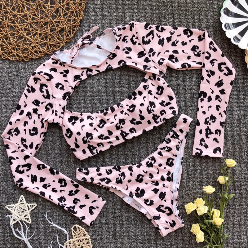 

2018 Female Long Sleeve Bikini Set Women Swimwear Leopard print Swimsuit Two-pieces Thong Bather High Leg Cut BathingSuit Swim
