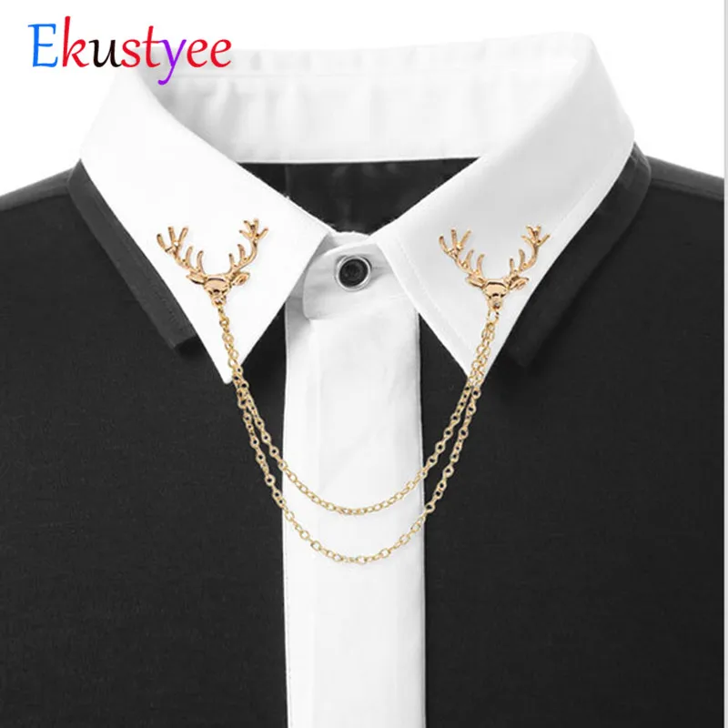 

Christmas Silver Gold Zinc Alloy Metal Elk Brooch with Double Chain Collar Pins and Brooches for Men Women Shirt Suit Decoration