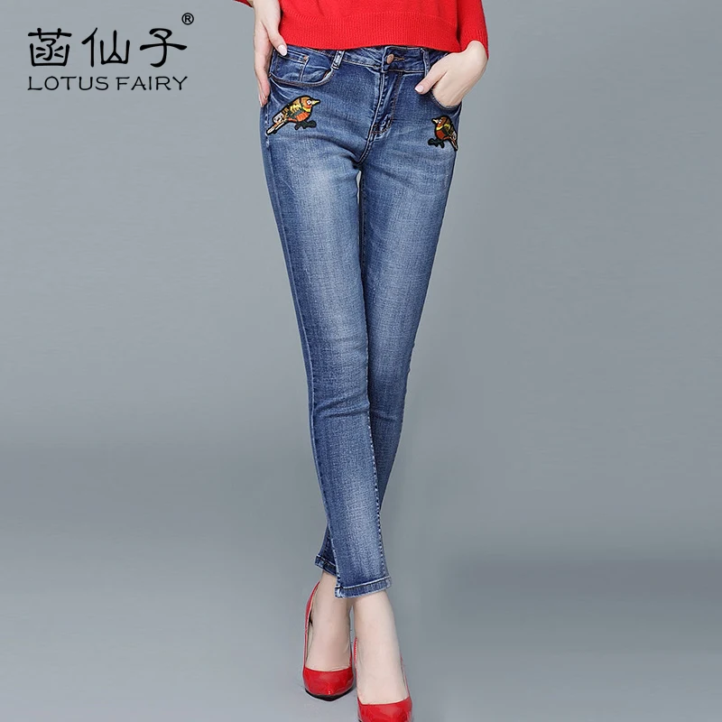 Китайский Стиль Птица узор вышивки джинсы женские тонкие узкие высокое качество хлопок джинсовые узкие брюки модные брюки талии