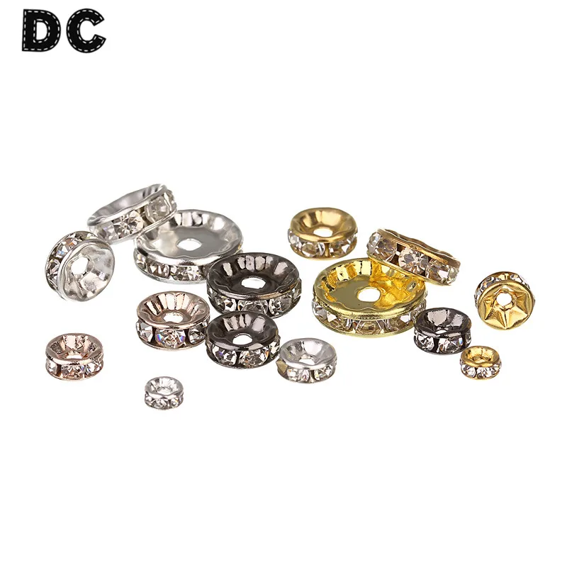 

DC 50pcs/lot Gold Silver Color Rhinestone Crystal Rondelle Spacer Beads 6/8/10/12mm Flat Loose Bead Jewelry Making DIY F1477