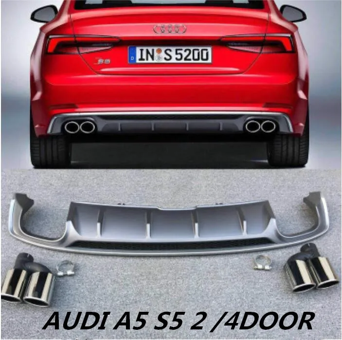 Fits For 18 19 Audi A5 Sline 2 4 Door B9 S5 Style Quad Exhaust Tip Shark Fin Rear Bumper Diffuser Valance Bumper Automotive