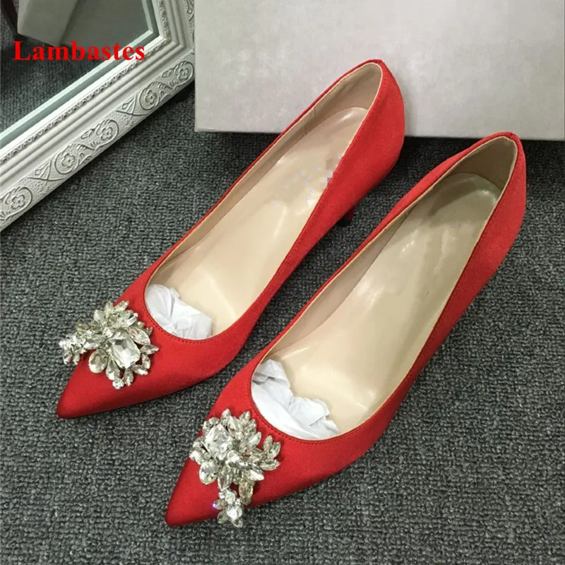 

2018 Spring Red Rhinestone Decoration Pointed Toe Shallow Elegant Women Party Pumps Wedding Walkway Slip On Ladies Silk Stiletto