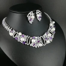 2017 new fashion shinning purple zircon shell pearl necklace earring jewelry set,wedding bride banquet formal dressing jewelry