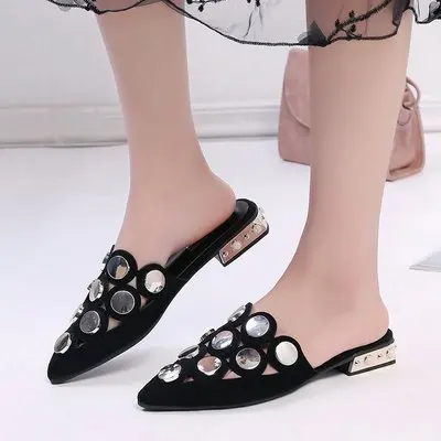 

New Fashion Women Slippers Pearl Women Shoes Slip On Mules Pointed Toe Square Heel Bling Loafers Summer Ladies Shoes