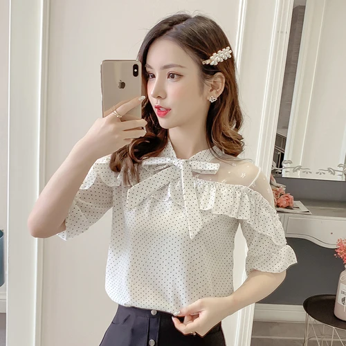 

2019 Summer Dot Chic Blusas Mulher Casual Bow Fashion Loose Womens Clothing Korean Patchwork Sexy Mesh Brief Camisas