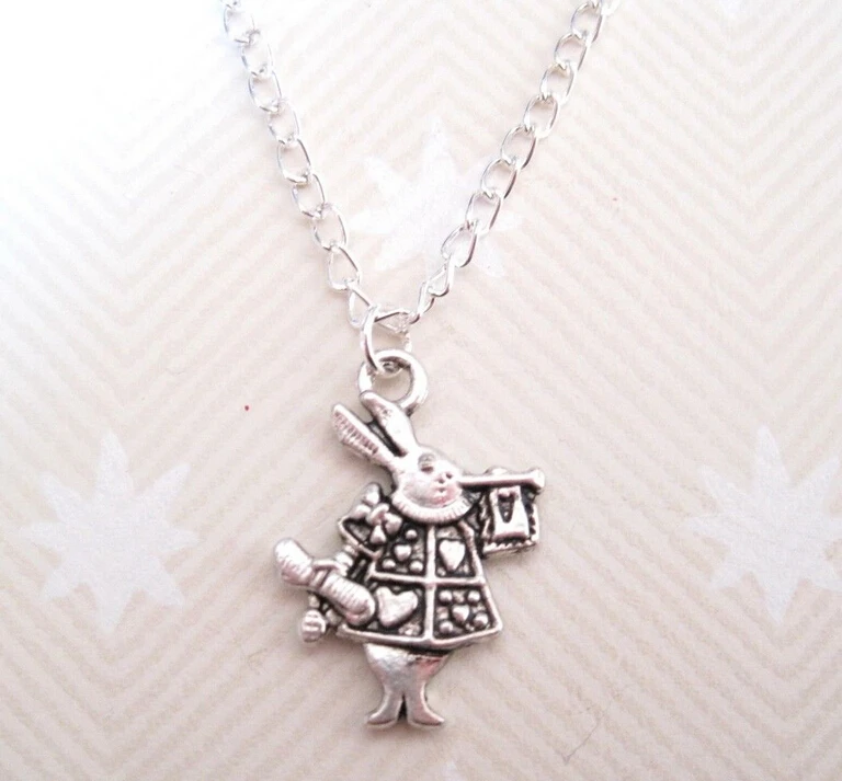 

25Pcs *WHITE RABBIT* Alice in Wonderland Ditsy Necklace SP 18 INCH chain