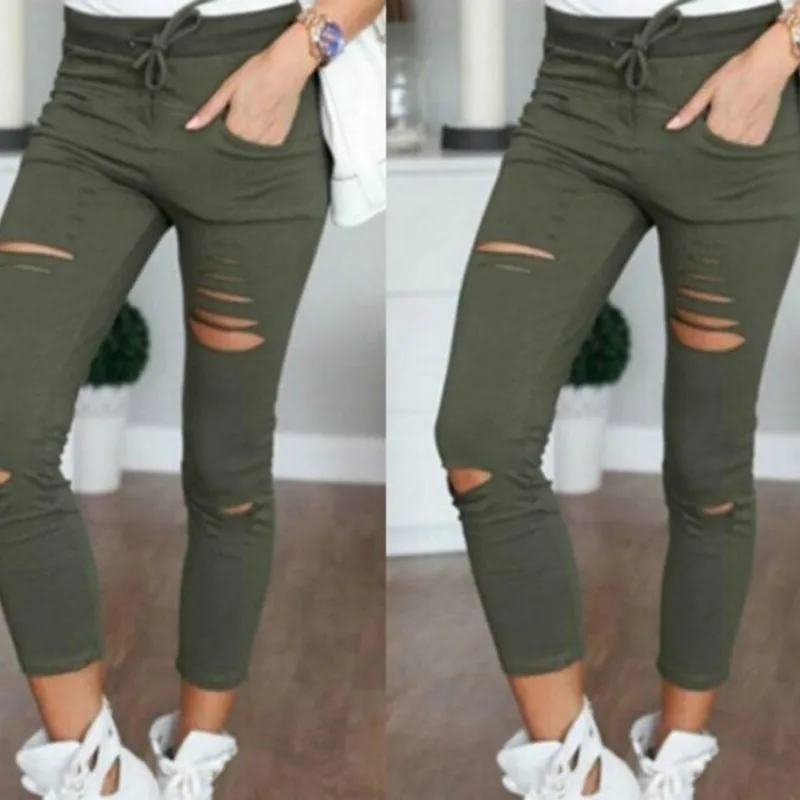 New 2018 Skinny Jeans Women Denim Pants Holes Destroyed Knee Pencil Pants Casual Trousers Black White Stretch Ripped Jeans Jeans