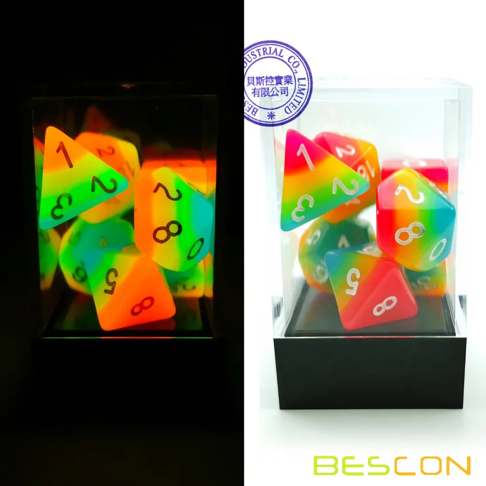 Bescon Fantasy Rainbow светящиеся многогранные кости 7 шт. набор полуночных конфет, светящиеся игральные кости RPG набор Светящиеся в темноте, новинка игра DND кости