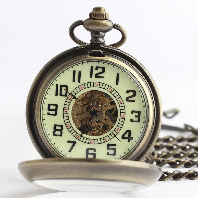 Vintage-Bronze-Open-Face-Automatic-Mechanical-Pocket-Watch-Roman-Numerals-Clock-Time-With-Chain-Fob-Watches
