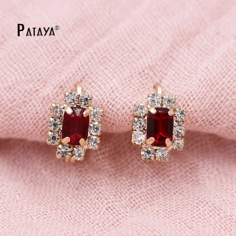 

PATAYA Geometry Vintage Earrings 585 Rose Gold Bohemian White Red Square Natural Cubic Zirconia Jewelry Indian Women Earrings