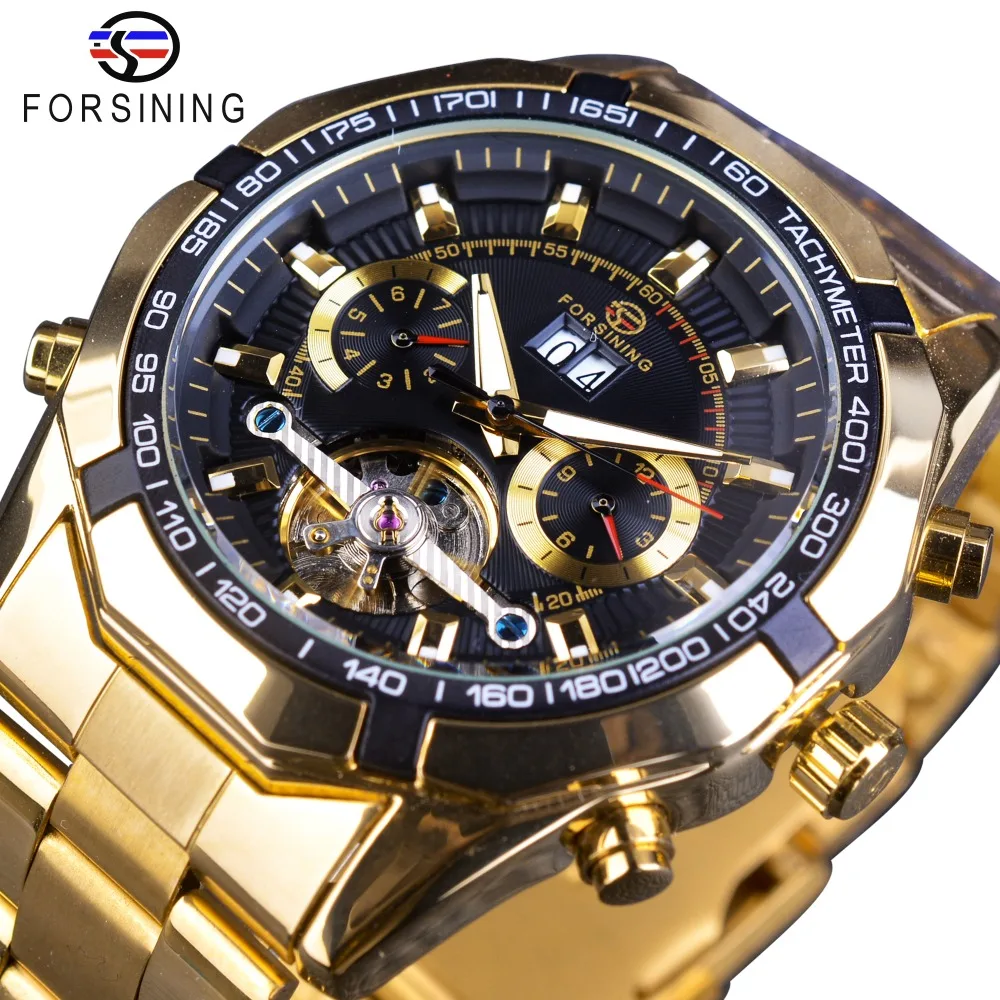Forsining acier inoxydable doré hommes choisir calendrier affichage Tourbillion Design montre d'affaires Top marque luxe automatique montre|watch top|watch top brand|watch brand -