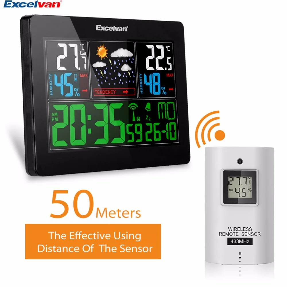 

EXCELVAN Wireless Weather Station Indoor Outdoor Weather Forecast Station Hygrometer Thermometer Alarm Clock with Outdoor Sensor