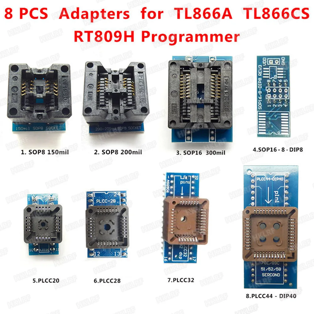 

8 PCS Programmer Adapters Socket Kit SOP8+SOP16 +PLCC32 +PLCC44 Adapter for TL866CS TL866A EZP2010 RT809H Programmer