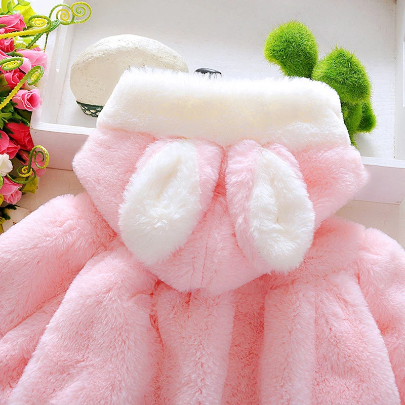 Милое зимнее пальто с милыми заячьими ушками для маленьких девочек, теплое мягкое пальто, куртка принцессы, розовая прочная теплая одежда