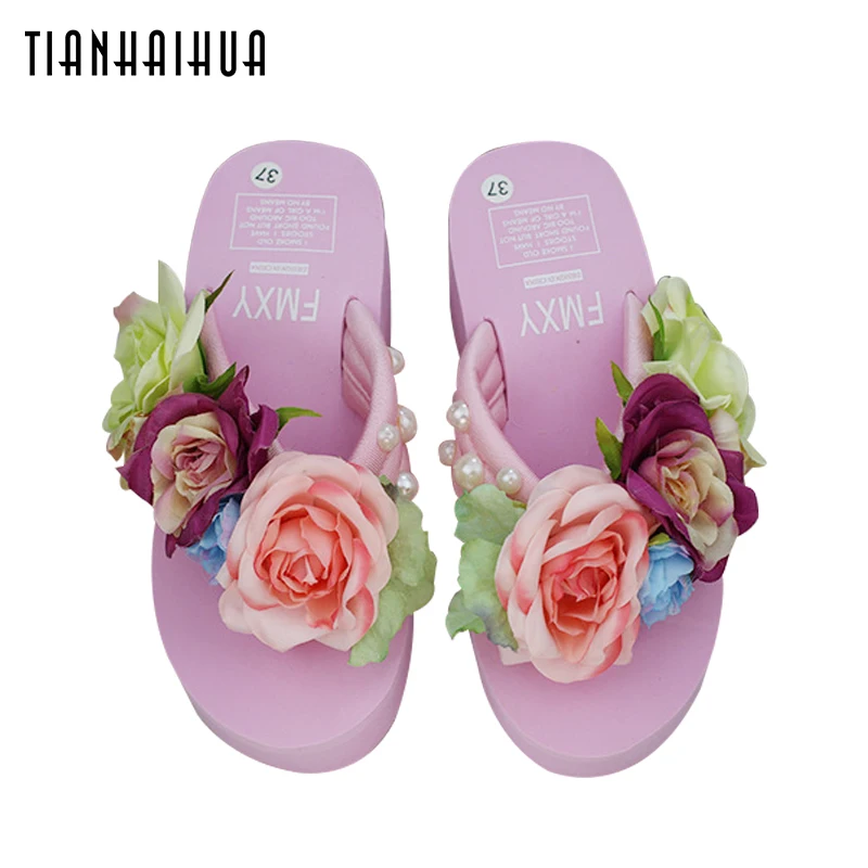 Handmade Flower Pearl Slope Platform Summer Shoes Women 2018 6CM Sandals Wedge Flip Flops Slope Heel Thick Beach Bottom Slippers цена Handmade Flower Pearl Slope Platform Summer Shoes Women 2018 6CM Sandals Wedge Flip Flops Slope Heel Thick Beach Bottom Slippers цены онлайн