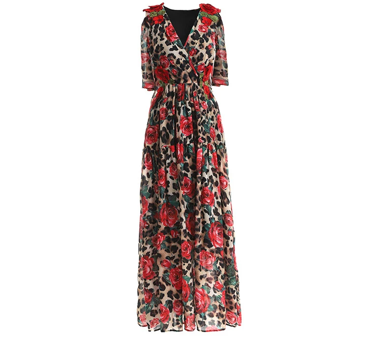 Женское платье с принтом LD LINDA DELLA, летнее длинное платье с v-образным вырезом, винтажное разноцветное платье с цветочным узором в виде роз и леопардовым принтом