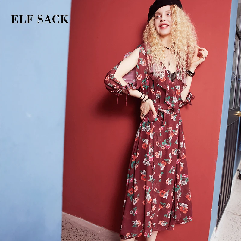 

ELF SACK Autumn New Woman Dress Casual A-line Floral Ruffles Three Quarter Women Dress Mid-Calf V-Neck Femme Dress Part Vestido
