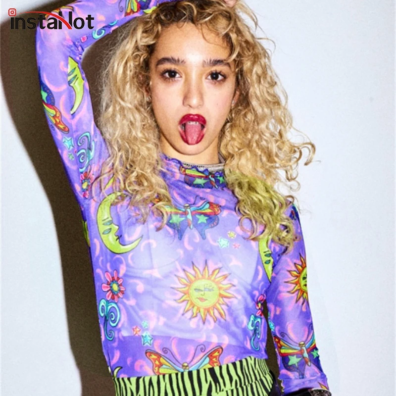 

InstaHot Mesh Purple High Neck T Shirt Long Sleeve Lace See through Tshirt Sun Printed Summer Turtleneck Tops Tees Streetwear