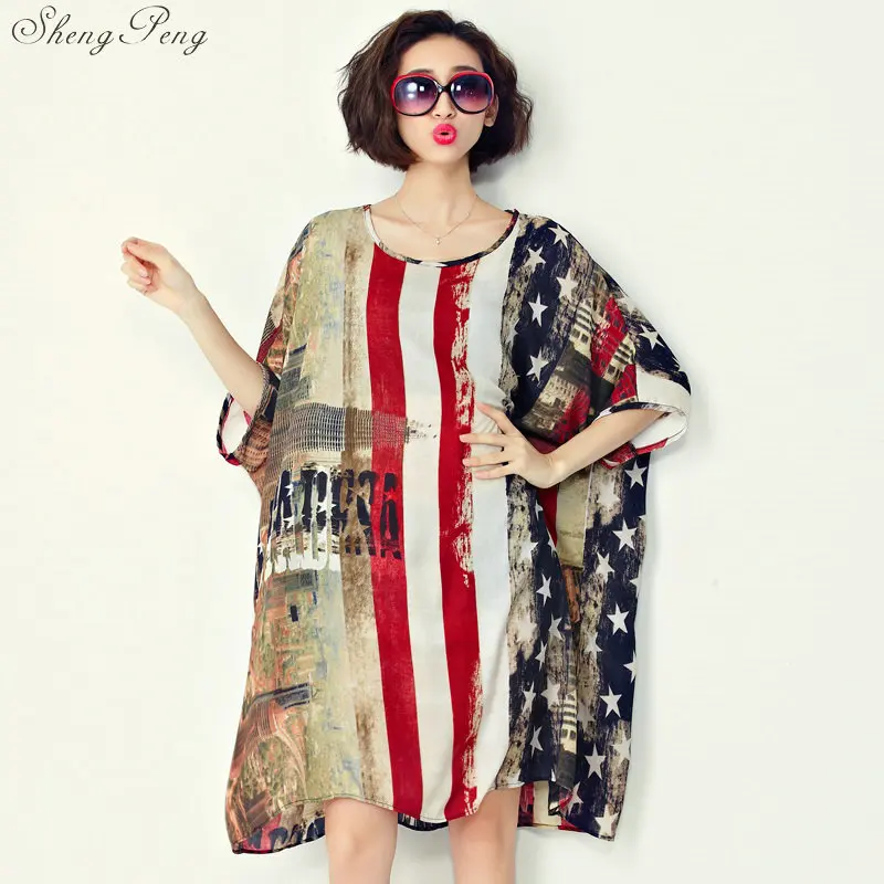 Large size women american flag print summer dress big size harajuku