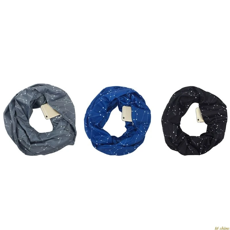

Womens Double Layer Secret Hidden Zipper Pocket Infinity Loop Scarf Constellation Sign Line Letters Solid Winter Ring Blanket