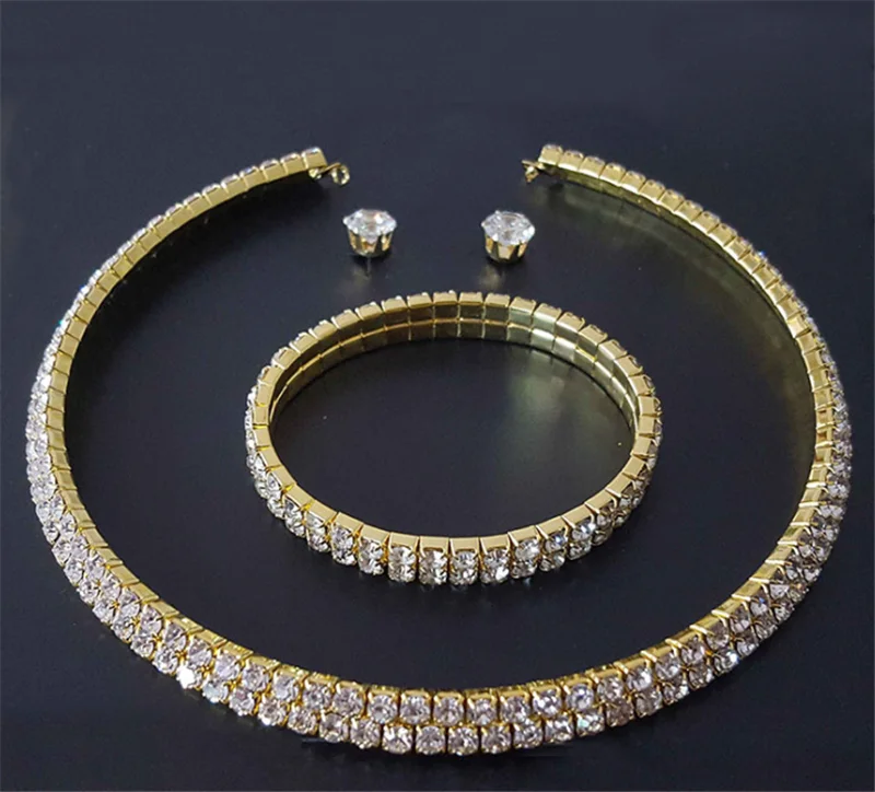 

Full Rhinestone Multi-layer Multi-row Collar Bride Crystal Item Short Necklace Set Earring Bracelet Necklace Crystal Jewelry Set