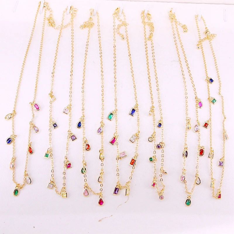 

3PCS, Colorful Multi Rainbow CZ Crystal Zirconia Drop Charms Chain Necklaces