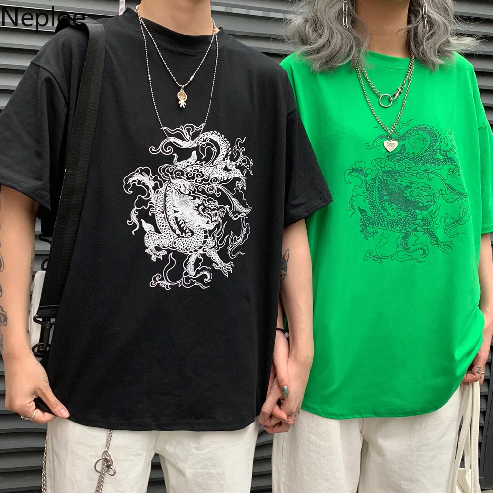 Neploe Винтажная с драконом Печать Свободный Топ Футболка Harajuku уличный короткими