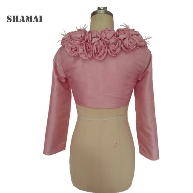 Shamai Pink Long Sleeve Wedding Jacket Flowers On Feather Bridal Shamai Pink Long Sleeve Wedding Jacket Flowers On Feather Bridal Coat Taffeta Black Party Wrap