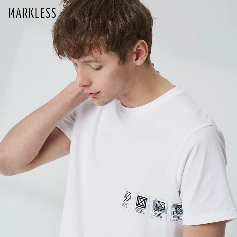 Markless мужские хлопковые футболки с круглым вырезом и принтом Модные свободные удобные с короткими рукавами футболка Повседневный Топ TXA9697M