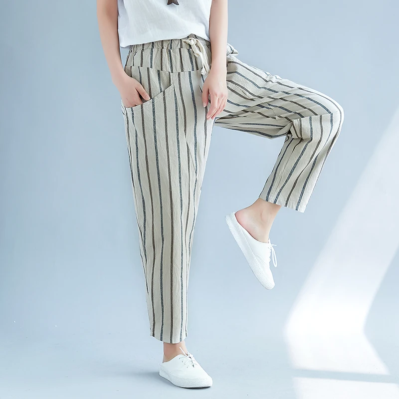 2019 Summer Cotton Linen Harem Pants Trousers Women Pockets Casual Drawstring Elastic High Waist Pants Vintage Pantalon Femme   6