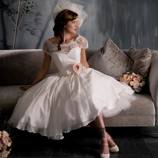 Boho Wedding Dress Short Vintage Lace Wedding Gowns Cap Sleeve Pink