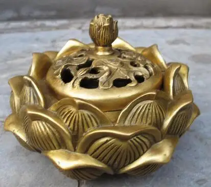 

B0601 512Chinese Brass Carved Buddhism Classic lotus flower Bowl incense burner Censer statue