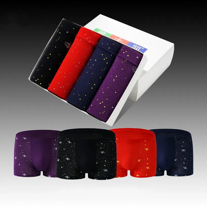 Beste Mannen Katoen Shorts Boxer Mannelijke Ondergoed Sexy Boxers Jeugd Ijs Zijde Ademend Knickers Sterrenhemel Afdrukken 4 stuks Plus Size 6XL 7XL