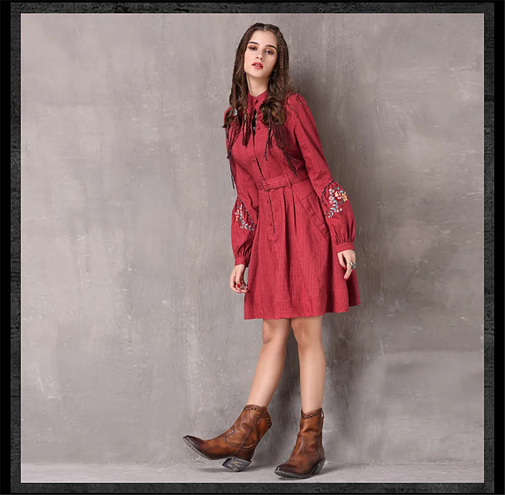 Vintage Spring Women's Dress 2018 New Cotton Linen Vestidos A-line Lantern Sleeve Stand Collar Belted Red Dresses For Women (11)