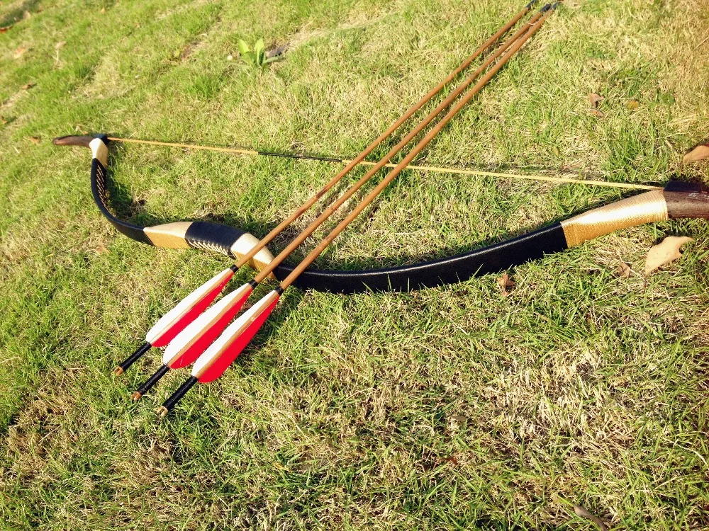 longbow set Handmade Recurve Archery black Leather bow with 3 bamboo