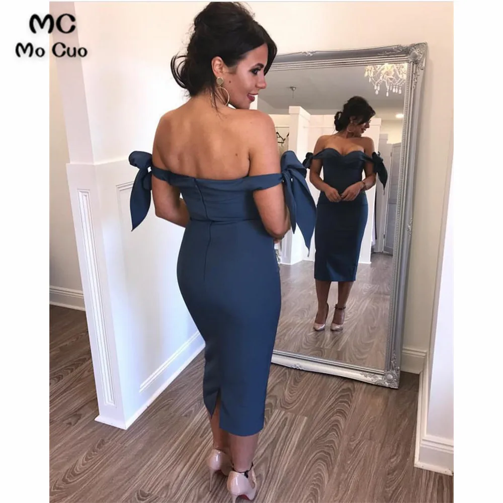Sweetheart Off The Shoulder Sheath Bridesmaid Dresses Knee Length (4)