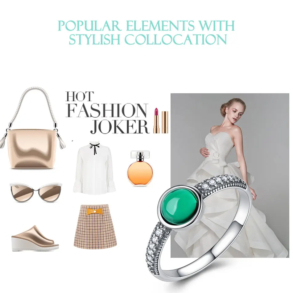 ELESHE Classic Engagement Wedding 925 Sterling Silver Finger Rings Jewelry Green Cubic Zirconia Stone Rings For Women