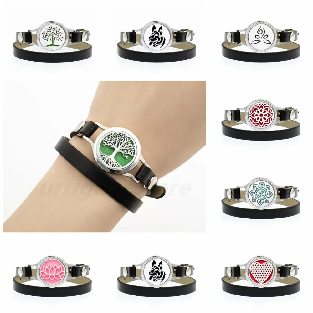 

25mm Tree of life dog locket Essential Oil Locket heart Perfume Bracelet Pu Leather twist screw Women Aroma Bracelet 10pads