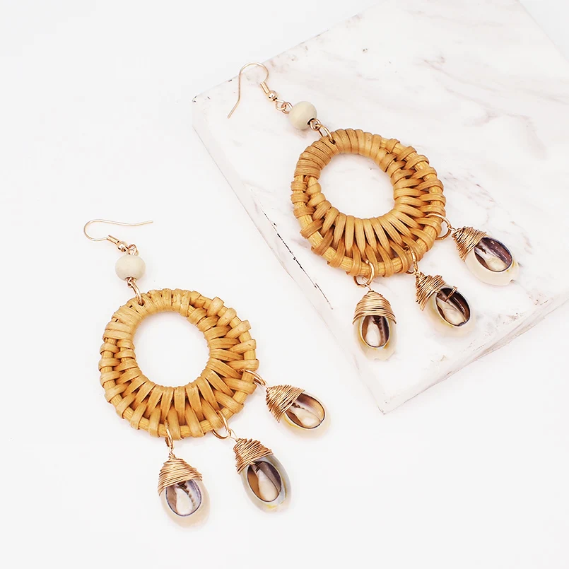 MANILAI Bohemia Straw Rattan Knit Shell Dangle Earrings For Women Big Circular Pendant Statement Earrings Fashion Jewelry 2019