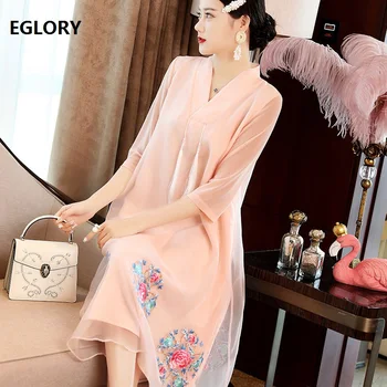 

Top Quality Brand Chinese Dress 2019 Spring Summer Vintage Party Elegant Dresses Women V-Neck Luxurious Embroidery Dress Pink