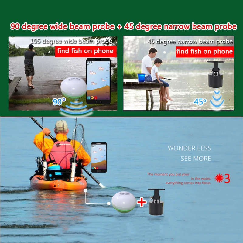  Portable Double Sonar Fish Finder Bluetooth Wireless Depth Sea Lake Fish Detect Echo Sounder Sener 