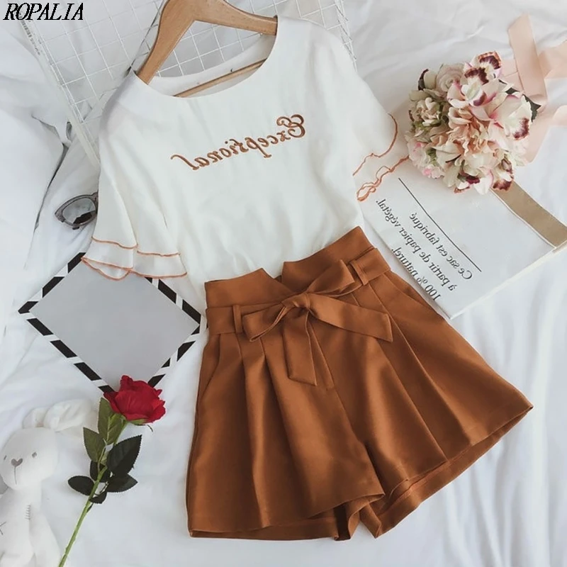 

2 Pcs/Set Women's O-Neck Letter Print Short Petal Sleeve Top And Shorts Sets Sweet Elastic Waist+Drawstring