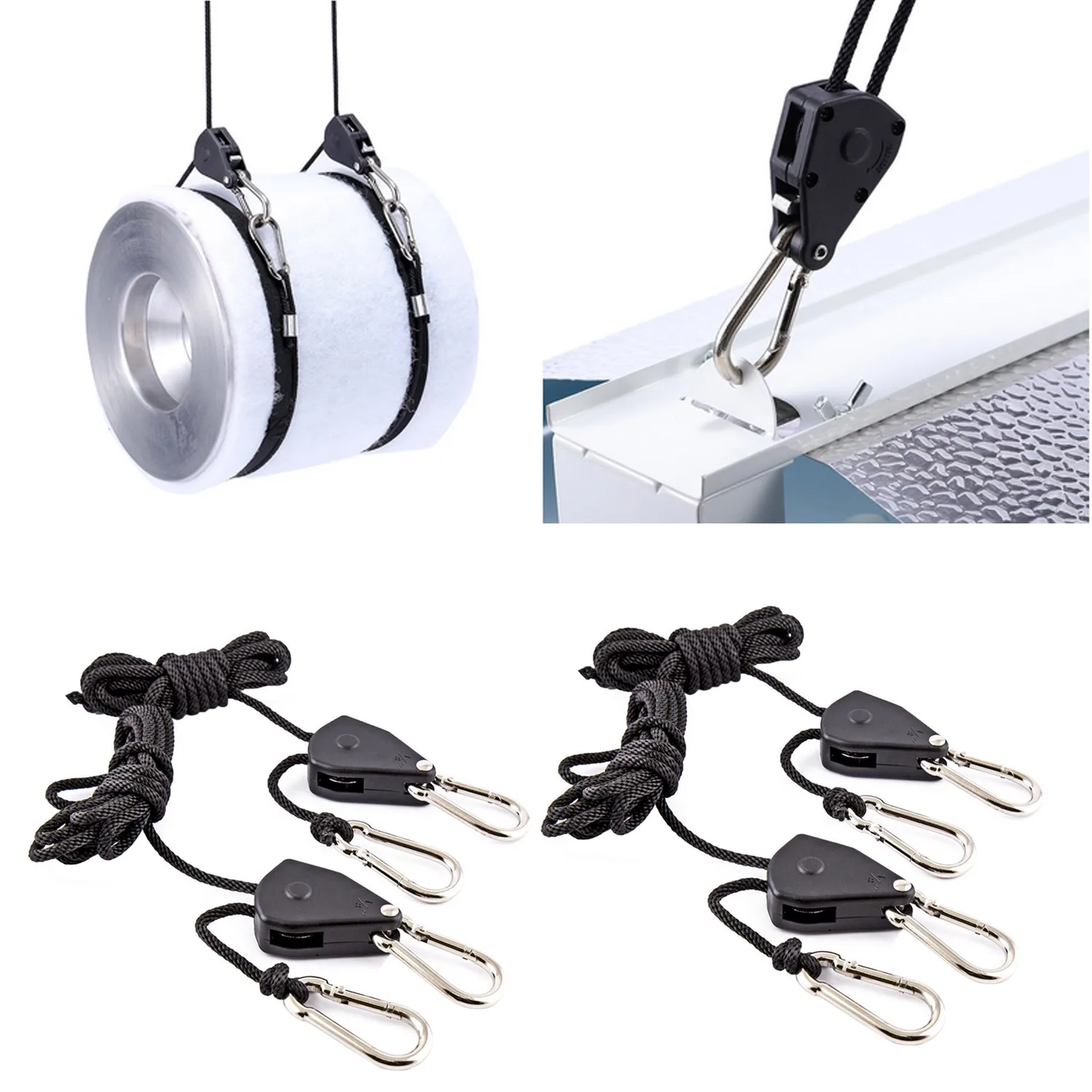 4pcs 1/8 inch Heavy Duty Adjustable Grow tent Light Rope ratchet lifter Clip Hanger Kit for LED