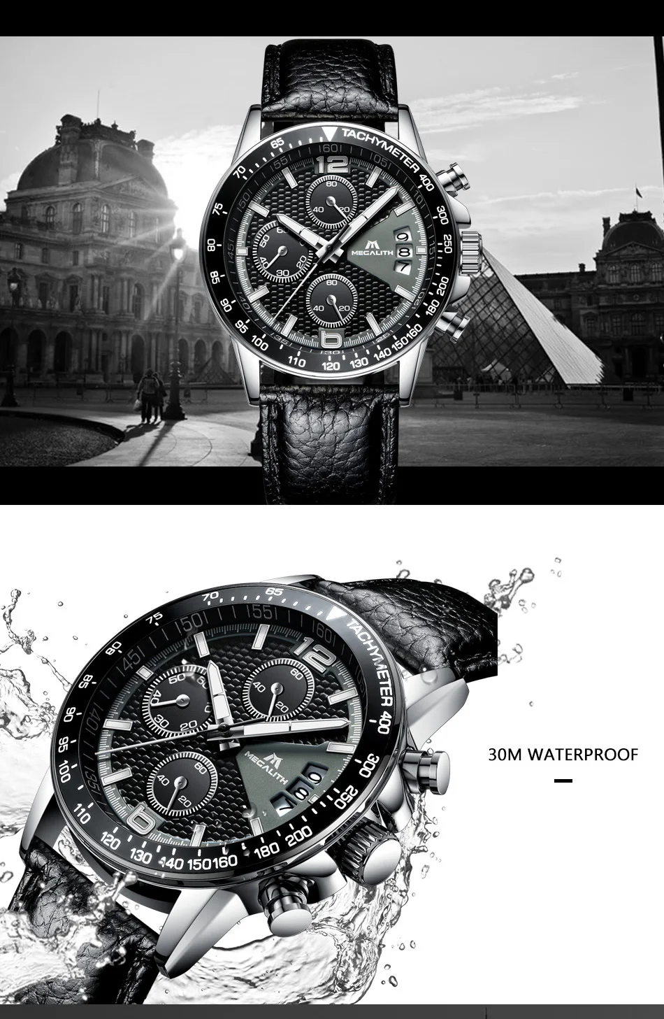 Черный кожаный часы Для мужчин мегалитическая хронограф Водонепроницаемый Дата Календарь Кварцевые часы Relogio Для мужчин модные Повседневное Colck