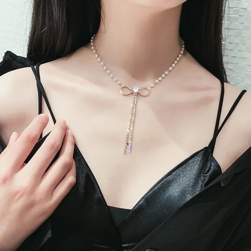 FYUAN длинные кисточки кристаллы колье ожерелья для женщин Bijoux негабаритных бантом Стразы Подвески массивные ювелирные изделия подарок